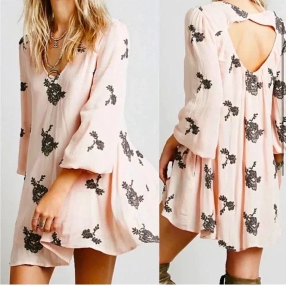 Free People Emma Embroidered Floral Pale Pink Grey Dress Open Back